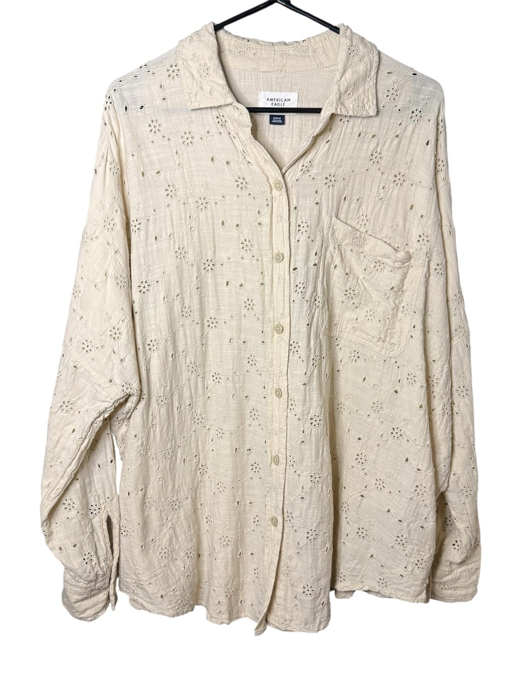 American Eagle Cream Eyelet Oversized Button-Up Shirt
